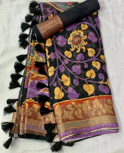Zynah Organic Pure Linen by Linen(120c) Saree with Digital Kalamkari Prints; Custom Stitched/Ready-made Blouse, Fall, Petticoat; Shipping available USA, Worldwide