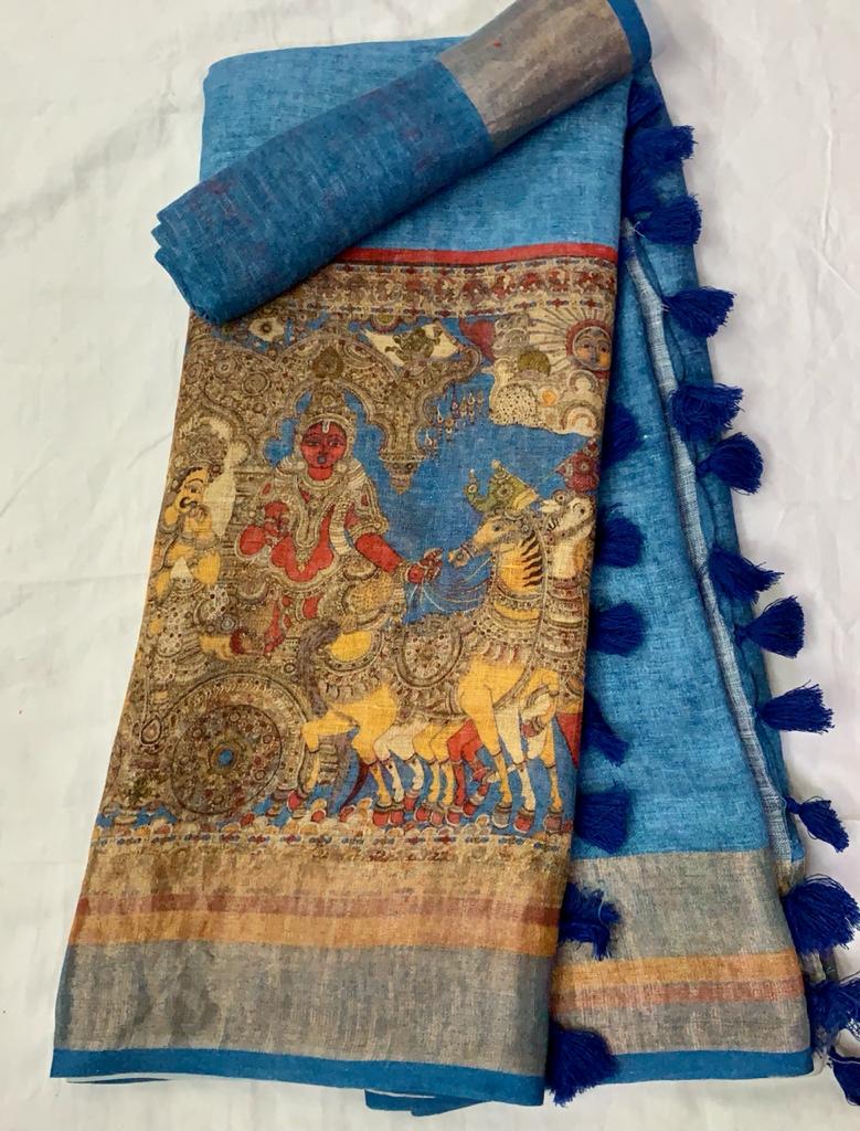 Zynah Organic Pure Linen by Linen(120c) Saree with Digital Kalamkari Prints; Custom Stitched/Ready-made Blouse, Fall, Petticoat; Shipping available USA, Worldwide