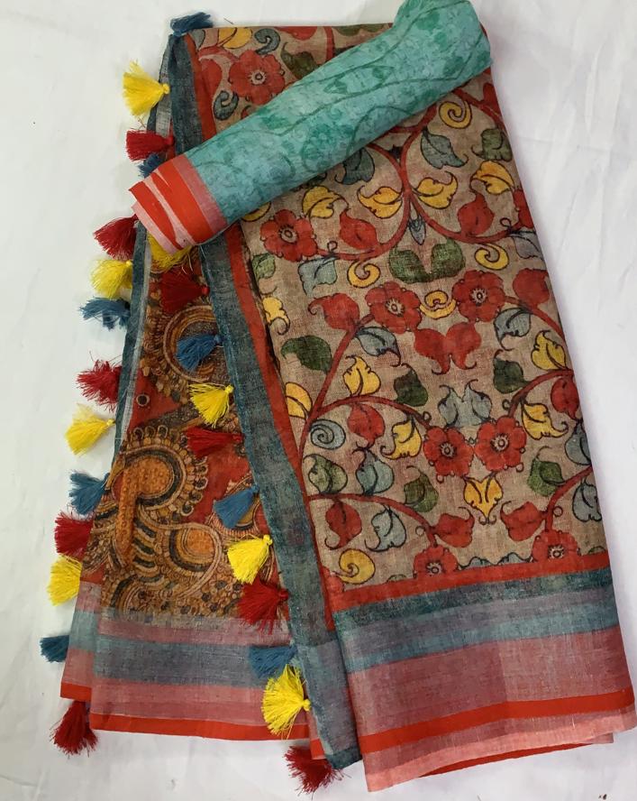 Zynah Organic Pure Linen by Linen(120c) Saree with Digital Kalamkari Prints; Custom Stitched/Ready-made Blouse, Fall, Petticoat; Shipping available USA, Worldwide