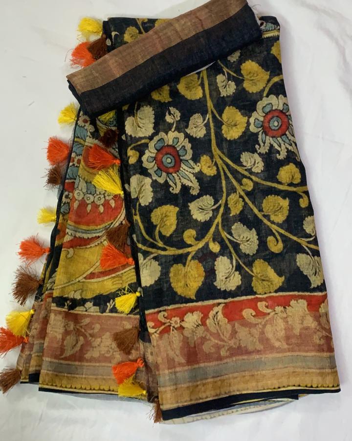 Zynah Organic Pure Linen by Linen(120c) Saree with Digital Kalamkari Prints; Custom Stitched/Ready-made Blouse, Fall, Petticoat; Shipping available USA, Worldwide