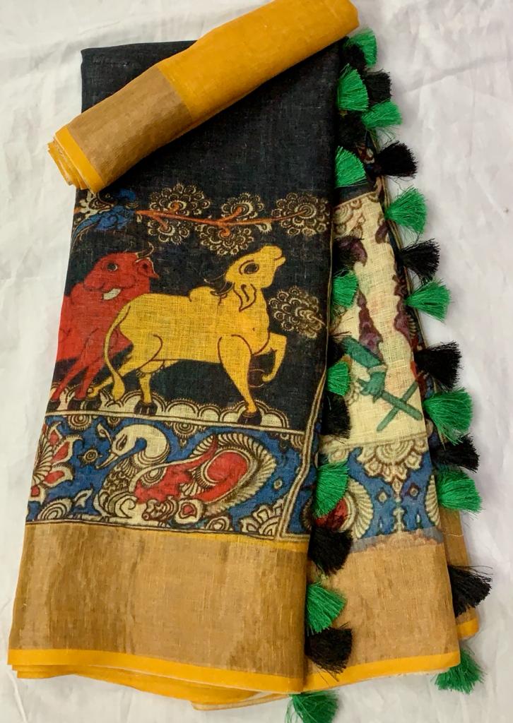 Zynah Organic Pure Linen by Linen(120c) Kalamkari Saree with Digital Prints; Custom Stitched/Ready-made Blouse, Fall, Petticoat; Shipping available USA, Worldwide