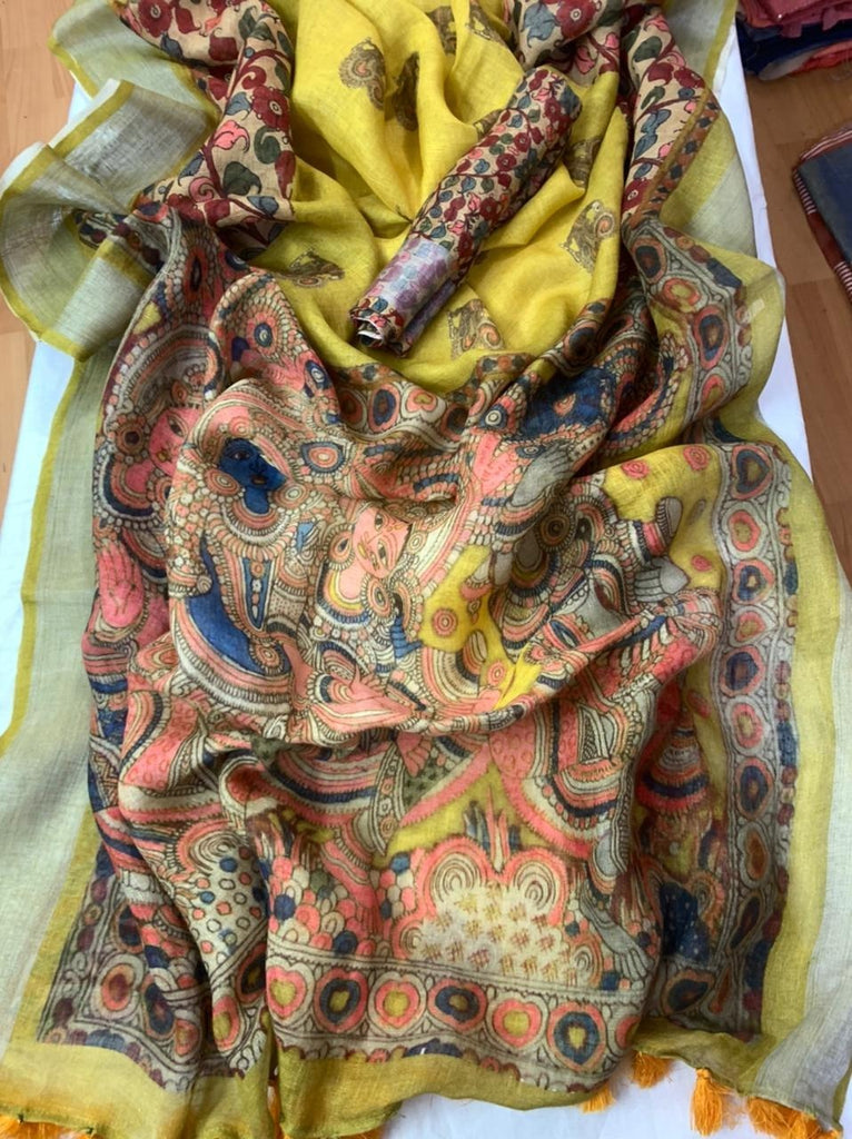 Zynah Organic Pure Linen by Linen(120c) Saree with Digital Kalamkari Prints; Custom Stitched/Ready-made Blouse, Fall, Petticoat; Shipping available USA, Worldwide