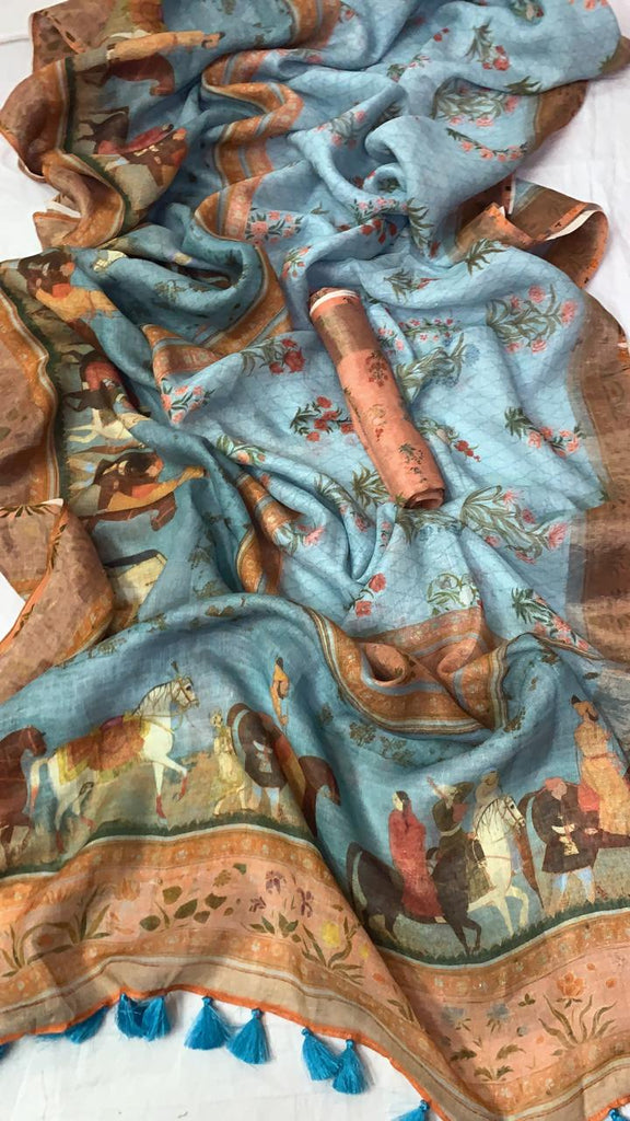 Zynah Organic Pure Linen by Linen(120c) Saree with Digital Kalamkari Prints; Custom Stitched/Ready-made Blouse, Fall, Petticoat; Shipping available USA, Worldwide