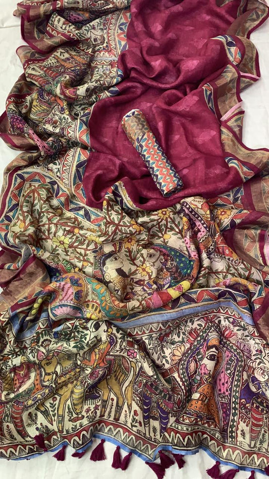 Zynah Organic Pure Linen by Linen(120c) Saree with Digital Kalamkari Prints; Custom Stitched/Ready-made Blouse, Fall, Petticoat; Shipping available USA, Worldwide