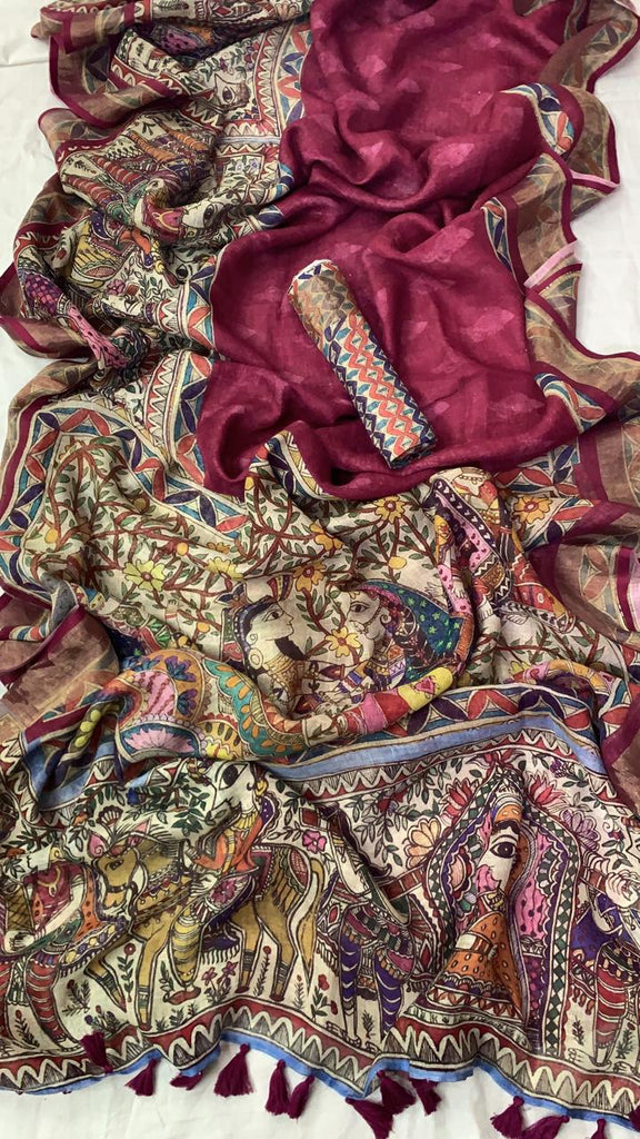 Zynah Organic Pure Linen by Linen(120c) Saree with Digital Kalamkari Prints; Custom Stitched/Ready-made Blouse, Fall, Petticoat; Shipping available USA, Worldwide