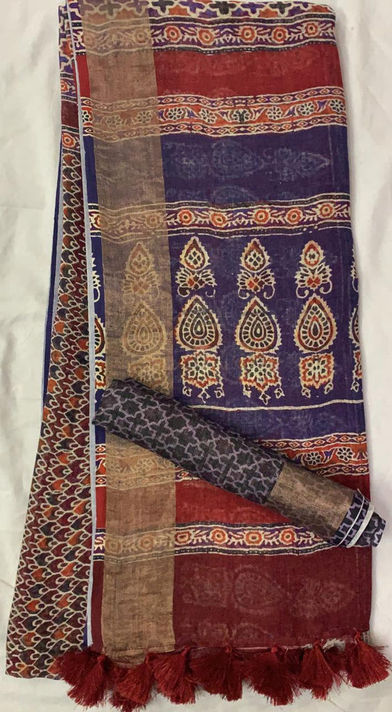 Zynah Organic Pure Linen by Linen(120c) Ajrakh Printed Saree; Custom Stitched/Ready-made Blouse, Fall, Petticoat; Shipping available USA, Worldwide