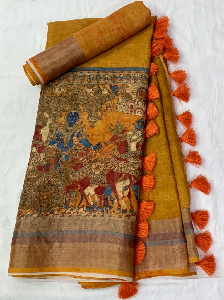Zynah Organic Pure Linen by Linen(120c) Saree with Digital Kalamkari Prints; Custom Stitched/Ready-made Blouse, Fall, Petticoat; Shipping available USA, Worldwide