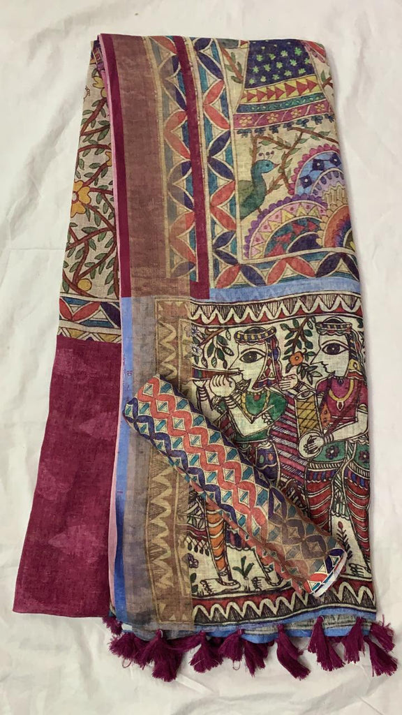 Zynah Organic Pure Linen by Linen(120c) Saree with Digital Kalamkari Prints; Custom Stitched/Ready-made Blouse, Fall, Petticoat; Shipping available USA, Worldwide