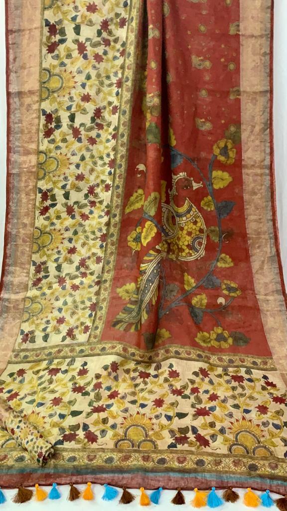 Zynah Organic Pure Linen by Linen(120c) Saree with Digital Kalamkari Prints; Custom Stitched/Ready-made Blouse, Fall, Petticoat; Shipping available USA, Worldwide