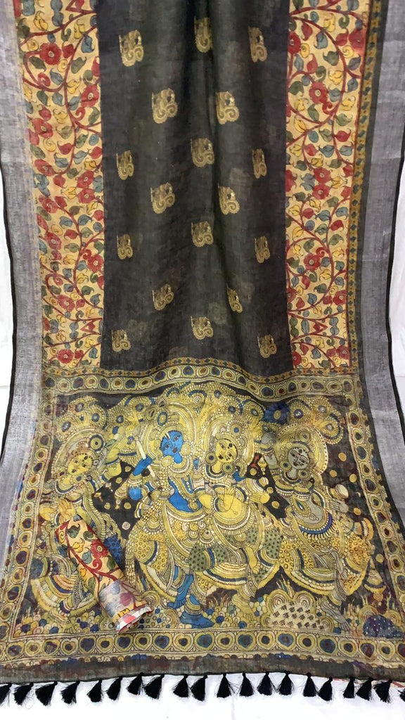 Zynah Organic Pure Linen by Linen(120c) Saree with Digital Kalamkari Prints; Custom Stitched/Ready-made Blouse, Fall, Petticoat; Shipping available USA, Worldwide