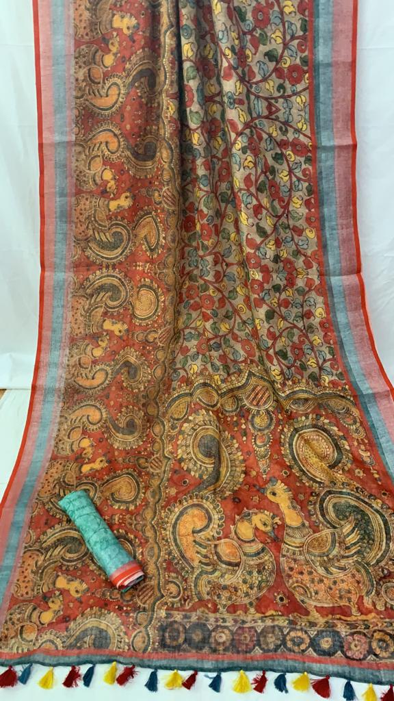 Zynah Organic Pure Linen by Linen(120c) Saree with Digital Kalamkari Prints; Custom Stitched/Ready-made Blouse, Fall, Petticoat; Shipping available USA, Worldwide