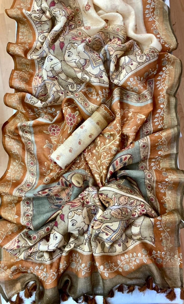 Zynah Organic Pure Linen by Linen(120c) Saree with Digital Kalamkari Prints; Custom Stitched/Ready-made Blouse, Fall, Petticoat; Shipping available USA, Worldwide