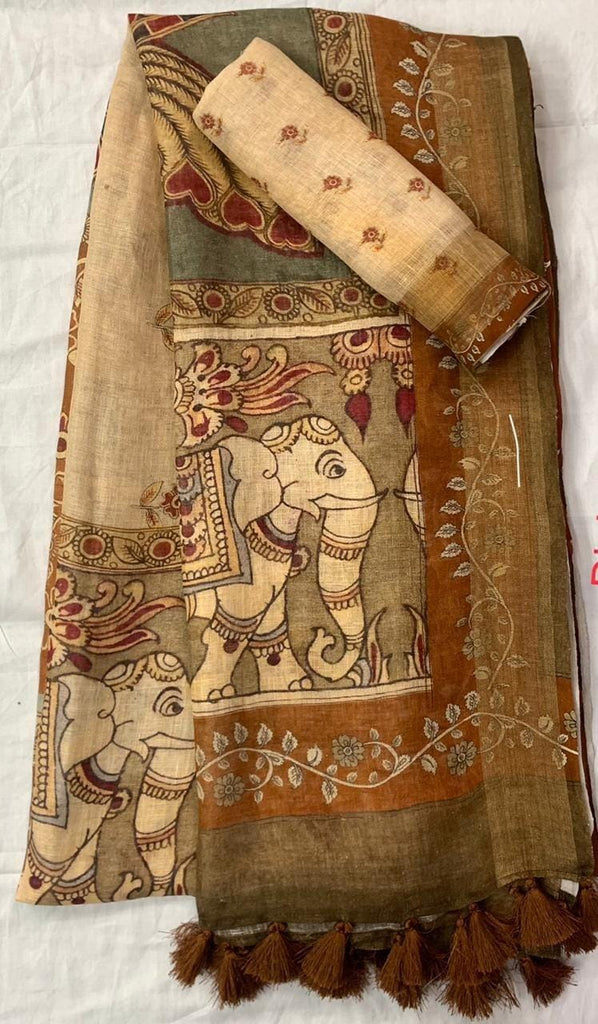 Zynah Organic Pure Linen by Linen(120c) Saree with Digital Kalamkari Prints; Custom Stitched/Ready-made Blouse, Fall, Petticoat; Shipping available USA, Worldwide