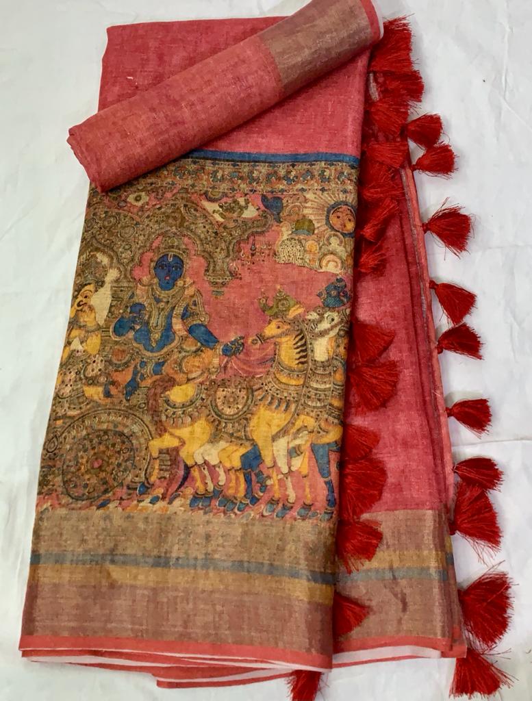 Zynah Organic Pure Linen by Linen(120c) Saree with Digital Kalamkari Prints; Custom Stitched/Ready-made Blouse, Fall, Petticoat; Shipping available USA, Worldwide