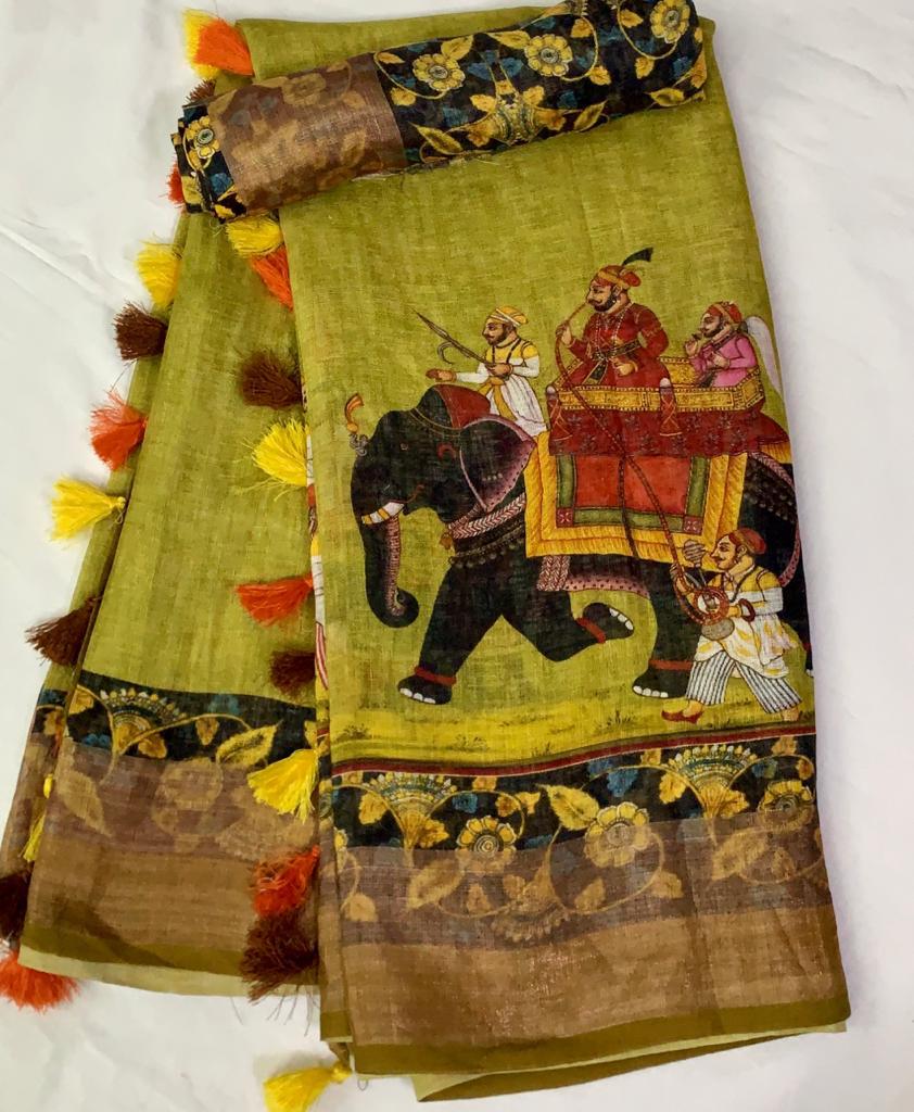 Zynah Organic Pure Linen by Linen(120c) Kalamkari Saree with Digital Prints; Custom Stitched/Ready-made Blouse, Fall, Petticoat; Shipping available USA, Worldwide