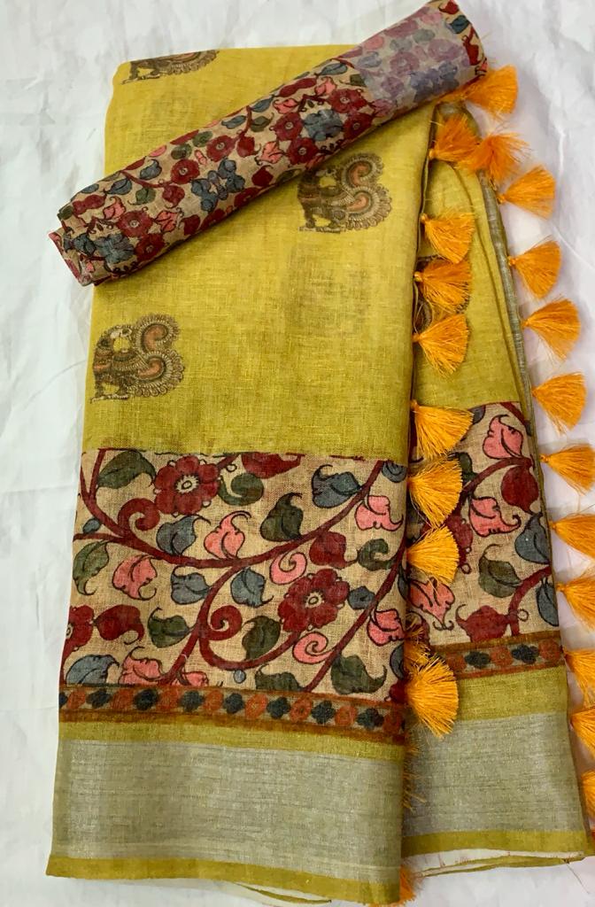 Zynah Organic Pure Linen by Linen(120c) Saree with Digital Kalamkari Prints; Custom Stitched/Ready-made Blouse, Fall, Petticoat; Shipping available USA, Worldwide