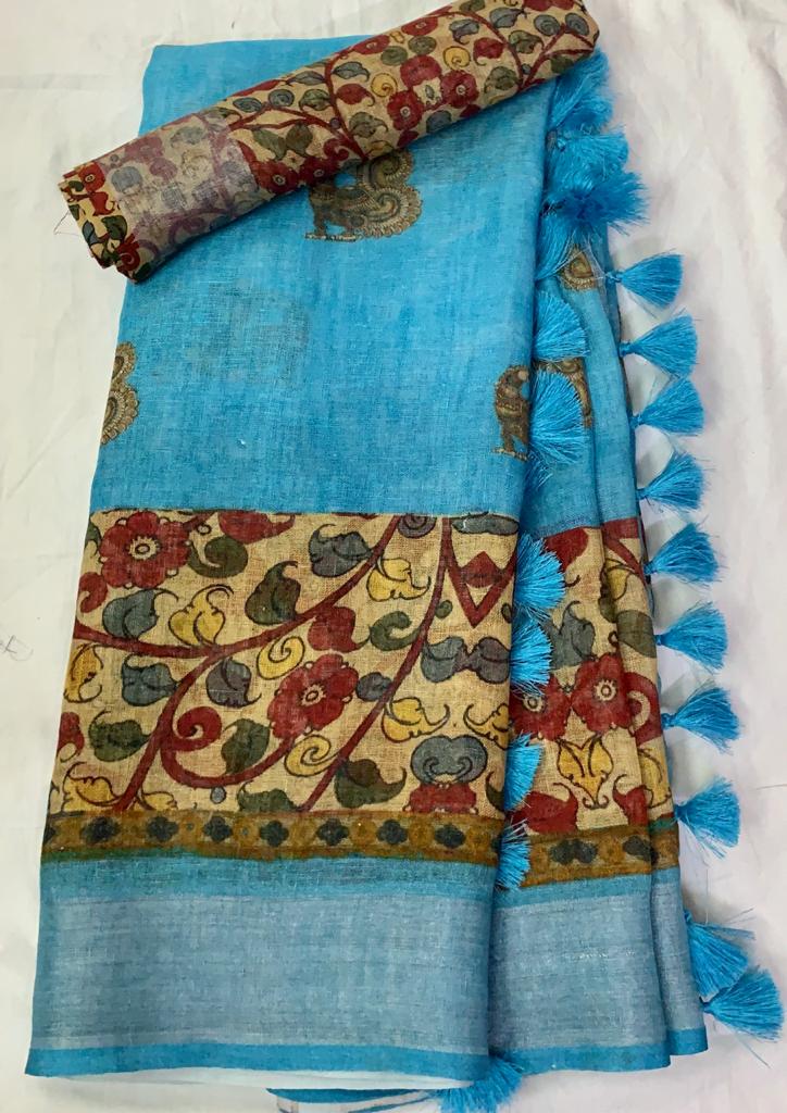 Zynah Organic Pure Linen by Linen(120c) Saree with Digital Kalamkari Prints; Custom Stitched/Ready-made Blouse, Fall, Petticoat; Shipping available USA, Worldwide