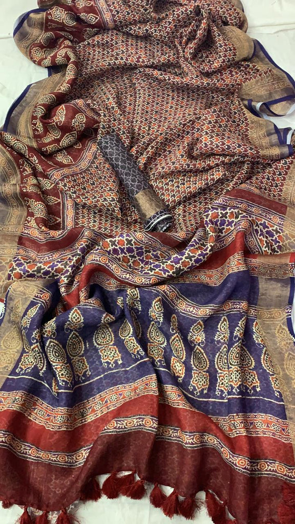 Zynah Organic Pure Linen by Linen(120c) Ajrakh Printed Saree; Custom Stitched/Ready-made Blouse, Fall, Petticoat; Shipping available USA, Worldwide