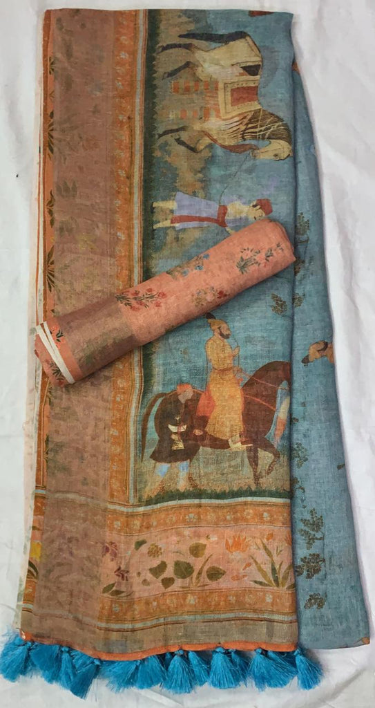 Zynah Organic Pure Linen by Linen(120c) Saree with Digital Kalamkari Prints; Custom Stitched/Ready-made Blouse, Fall, Petticoat; Shipping available USA, Worldwide