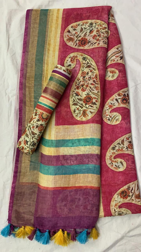 Zynah Organic Pure Linen by Linen(120c) Kalamkari Saree with Digital Prints; Custom Stitched/Ready-made Blouse, Fall, Petticoat; Shipping available USA, Worldwide