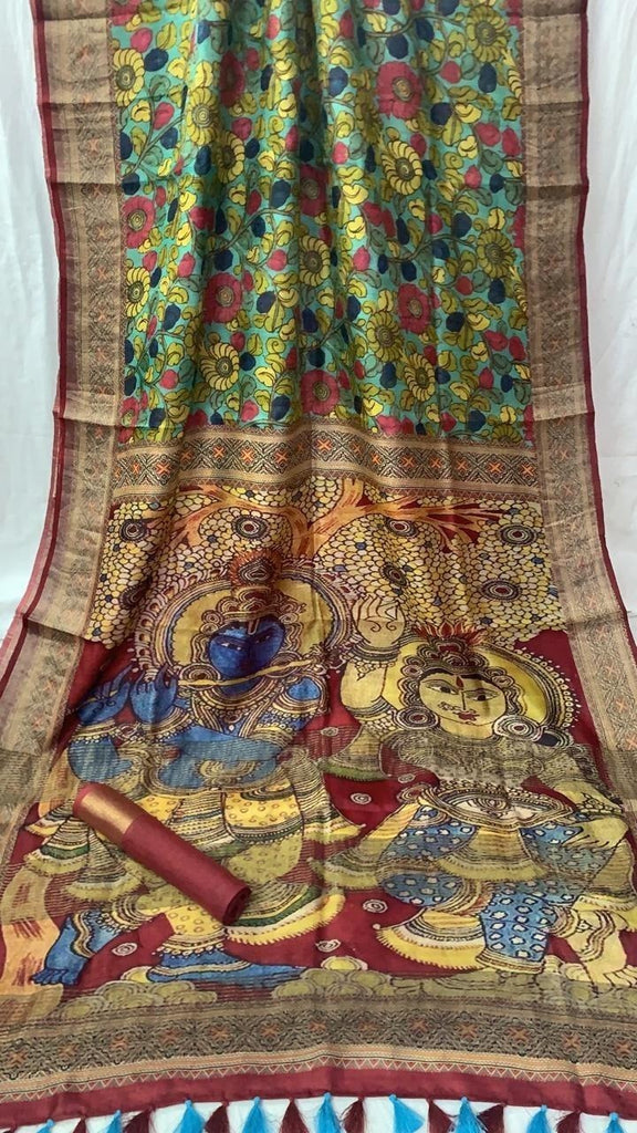 Zynah Pure Tussar Silk Saree with Digital Kalamkari Prints; Custom Stitched/Ready-made Blouse, Fall, Petticoat; Shipping available USA, Worldwide