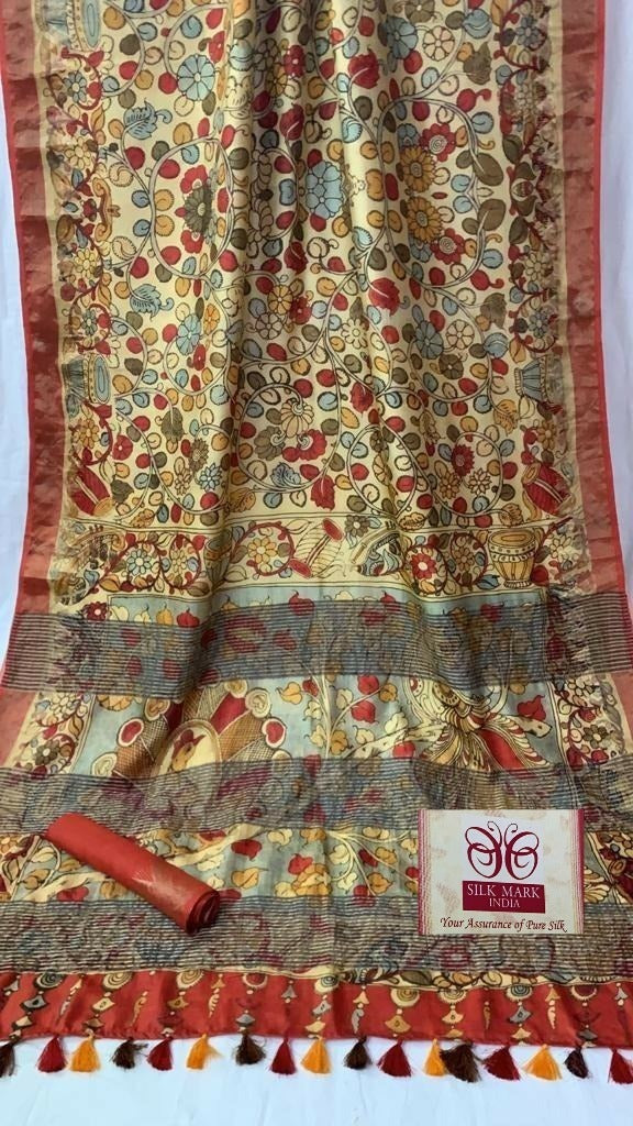 Zynah Pure Tussar Silk Saree with Digital Kalamkari Prints; Custom Stitched/Ready-made Blouse, Fall, Petticoat; Shipping available USA, Worldwide