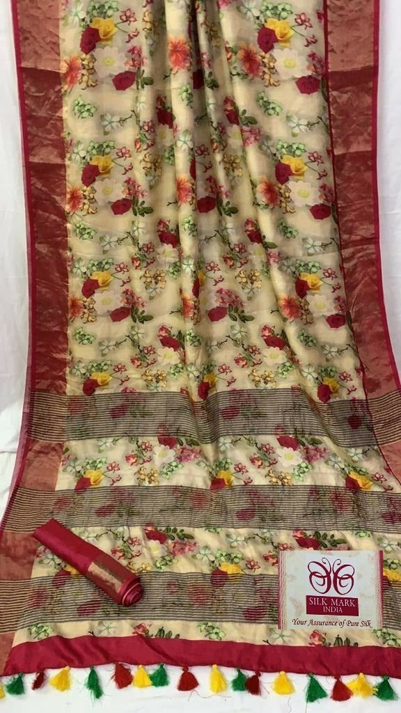 Zynah Pure Tussar Silk Saree with Digital Kalamkari Prints; Custom Stitched/Ready-made Blouse, Fall, Petticoat; Shipping available USA, Worldwide