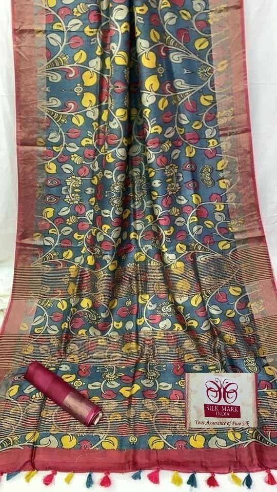 Zynah Pure Tussar Silk Saree with Digital Kalamkari Prints; Custom Stitched/Ready-made Blouse, Fall, Petticoat; Shipping available USA, Worldwide