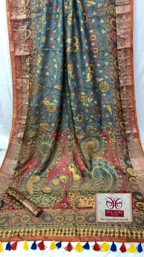Zynah Pure Tussar Silk Saree with Digital Kalamkari Prints; Custom Stitched/Ready-made Blouse, Fall, Petticoat; Shipping available USA, Worldwide