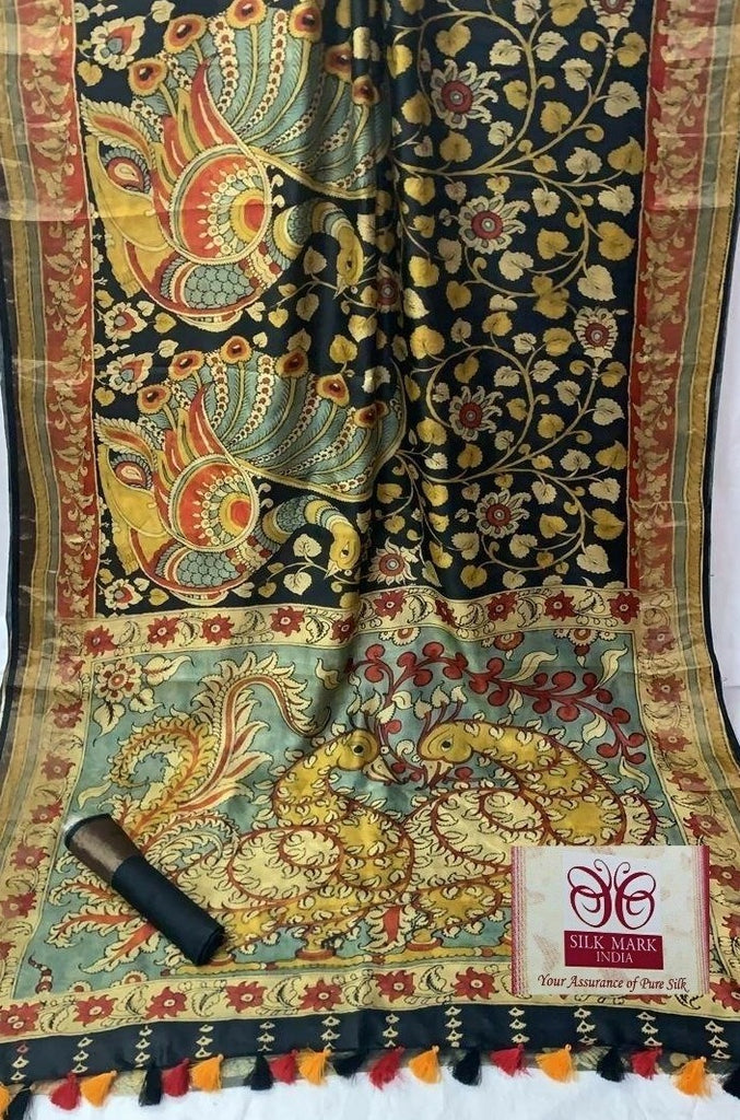 Zynah Pure Tussar Silk Saree with Digital Kalamkari Prints; Custom Stitched/Ready-made Blouse, Fall, Petticoat; Shipping available USA, Worldwide