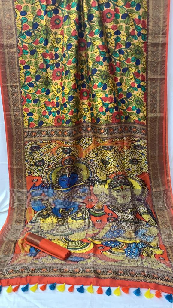 Zynah Pure Tussar Silk Saree with Digital Kalamkari Prints; Custom Stitched/Ready-made Blouse, Fall, Petticoat; Shipping available USA, Worldwide