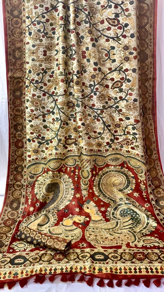 Zynah Pure Tussar Silk Saree with Digital Kalamkari Prints; Custom Stitched/Ready-made Blouse, Fall, Petticoat; Shipping available USA, Worldwide