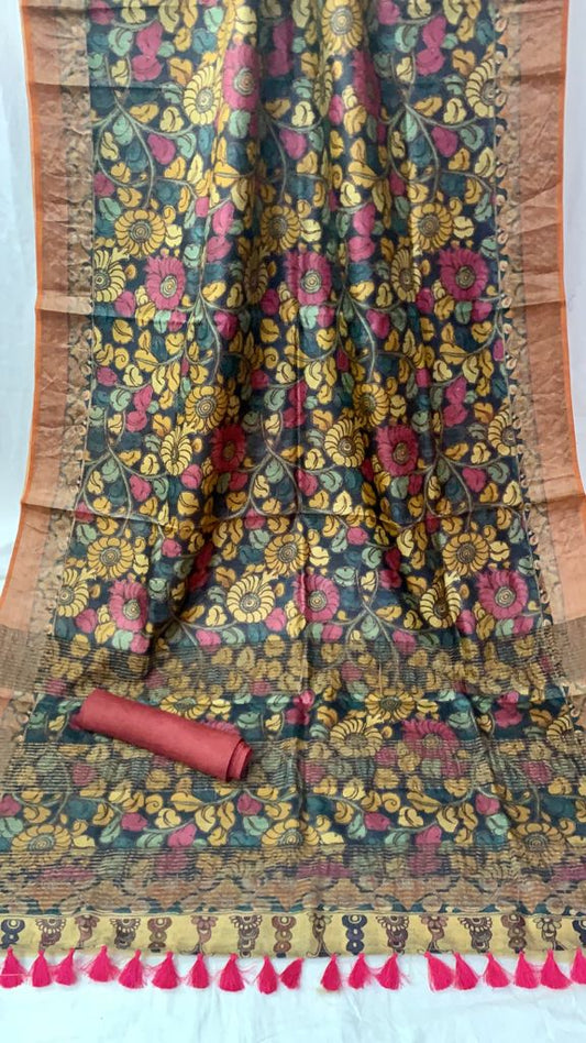 Zynah Pure Tussar Silk Saree with Digital Kalamkari Prints; Custom Stitched/Ready-made Blouse, Fall, Petticoat; Shipping available USA, Worldwide