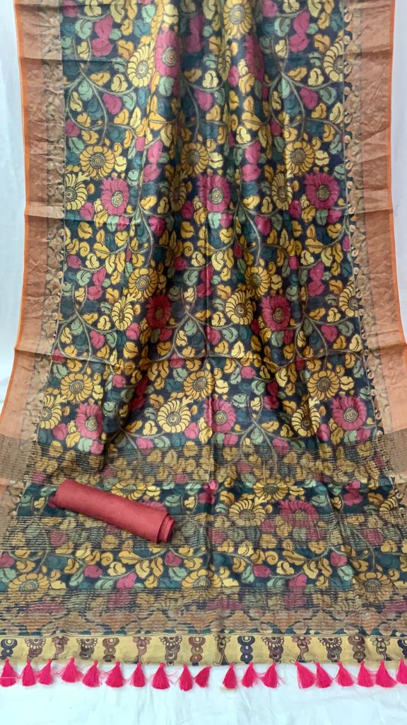 Zynah Pure Tussar Silk Saree with Digital Kalamkari Prints; Custom Stitched/Ready-made Blouse, Fall, Petticoat; Shipping available USA, Worldwide