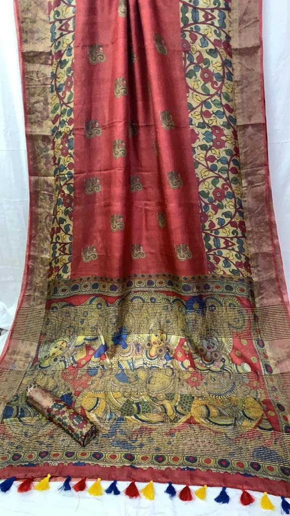 Zynah Pure Tussar Silk Saree with Digital Kalamkari Prints; Custom Stitched/Ready-made Blouse, Fall, Petticoat; Shipping available USA, Worldwide Zynah Pure Tussar Silk Saree with Digital Kalamkari Prints; Custom Stitched/Ready-made Blouse, Fall, Petticoat; Shipping available USA, Worldwide