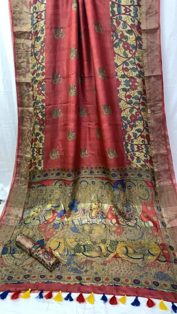 Zynah Pure Tussar Silk Saree with Digital Kalamkari Prints; Custom Stitched/Ready-made Blouse, Fall, Petticoat; Shipping available USA, Worldwide