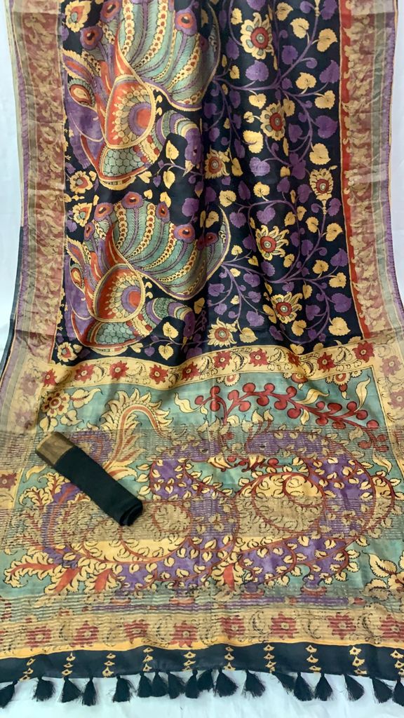 Zynah Pure Tussar Silk Saree with Digital Kalamkari Prints; Custom Stitched/Ready-made Blouse, Fall, Petticoat; Shipping available USA, Worldwide