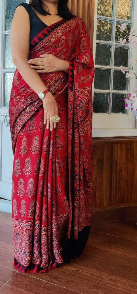 Zynah Pure Modal Silk Ajrakh Saree with Handblock Prints; Custom Stitched/Ready-made Blouse, Fall, Petticoat; Shipping available USA, Worldwide