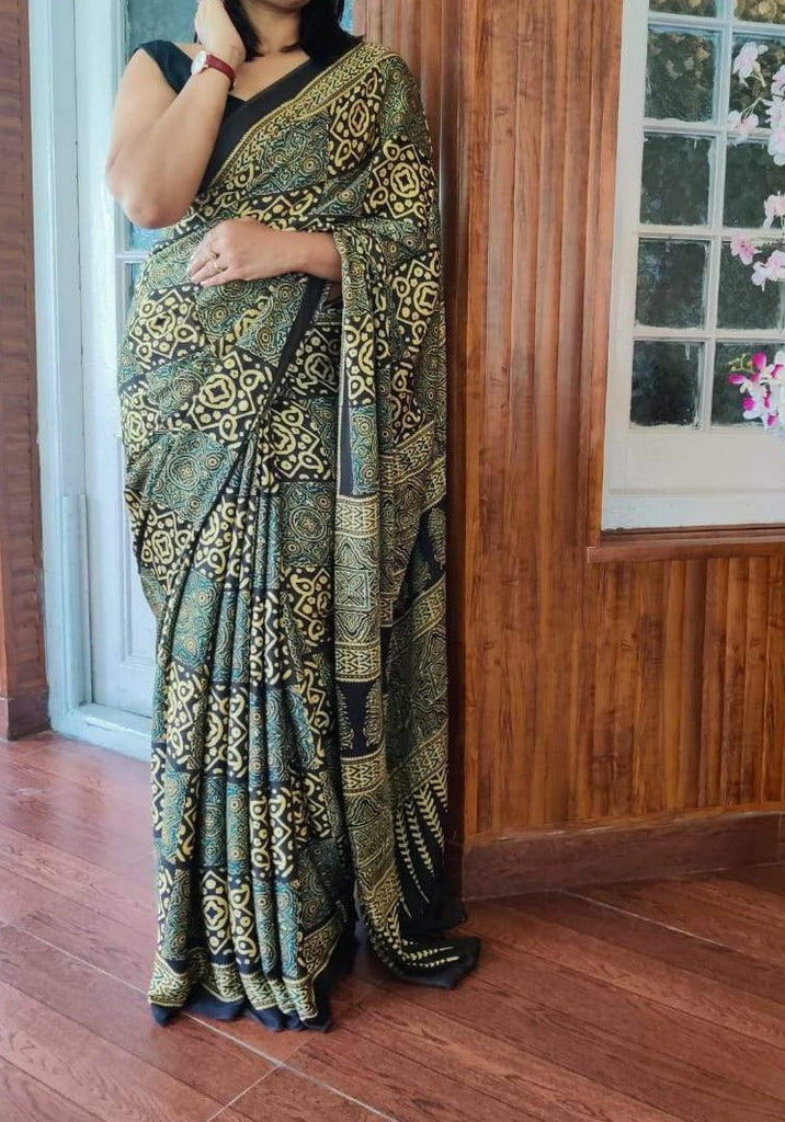 Zynah Pure Modal Silk Ajrakh Saree with Handblock Prints; Custom Stitched/Ready-made Blouse, Fall, Petticoat; Shipping available USA, Worldwide