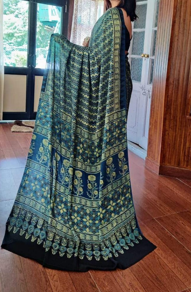 Zynah Pure Modal Silk Ajrakh Saree with Handblock Prints; Custom Stitched/Ready-made Blouse, Fall, Petticoat; Shipping available USA, Worldwide