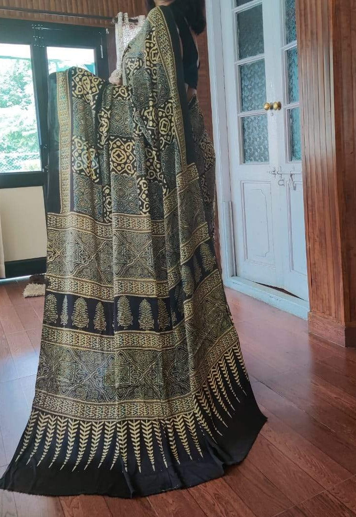 Zynah Pure Modal Silk Ajrakh Saree with Handblock Prints; Custom Stitched/Ready-made Blouse, Fall, Petticoat; Shipping available USA, Worldwide