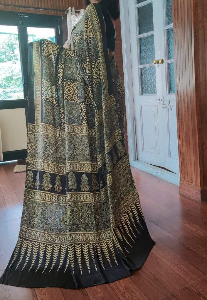 Zynah Pure Modal Silk Ajrakh Saree with Handblock Prints; Custom Stitched/Ready-made Blouse, Fall, Petticoat; Shipping available USA, Worldwide