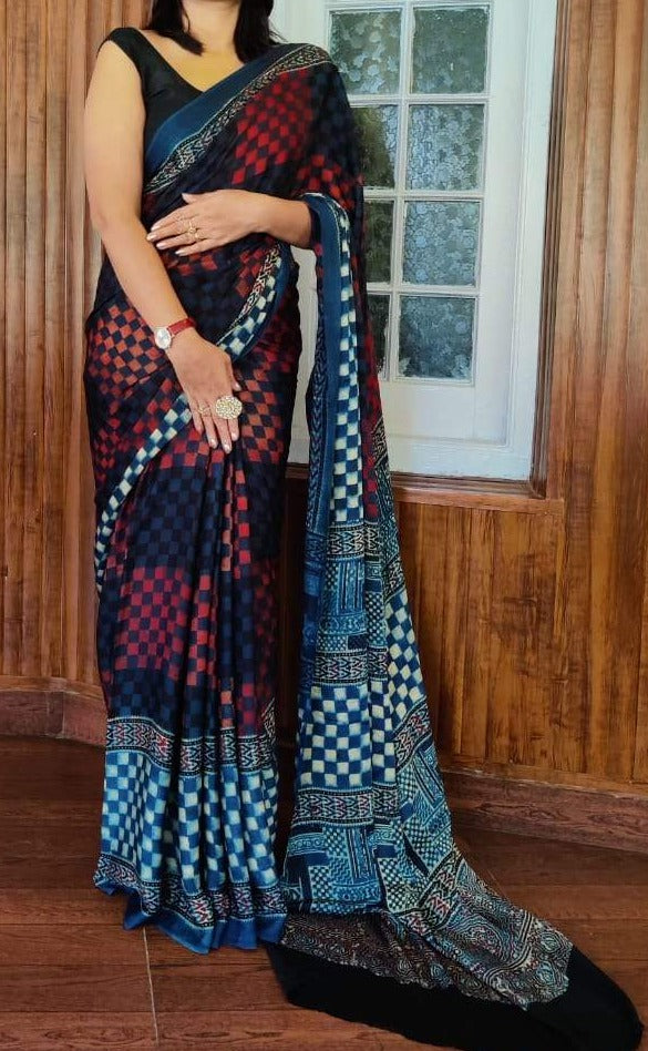 Zynah Pure Modal Silk Ajrakh Saree with Handblock Prints; Custom Stitched/Ready-made Blouse, Fall, Petticoat; Shipping available USA, Worldwide