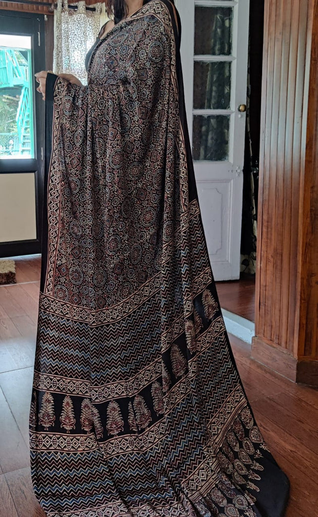 Zynah Pure Modal Silk Ajrakh Saree with Handblock Prints; Custom Stitched/Ready-made Blouse, Fall, Petticoat; Shipping available USA, Worldwide