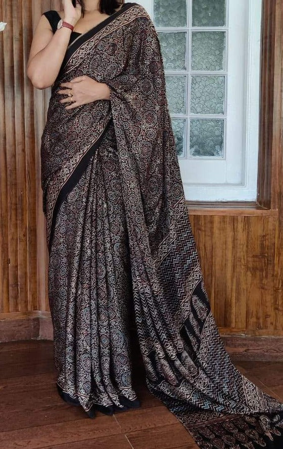 Zynah Pure Modal Silk Ajrakh Saree with Handblock Prints; Custom Stitched/Ready-made Blouse, Fall, Petticoat; Shipping available USA, Worldwide