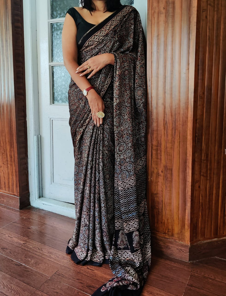 Zynah Pure Modal Silk Ajrakh Saree with Handblock Prints; Custom Stitched/Ready-made Blouse, Fall, Petticoat; Shipping available USA, Worldwide