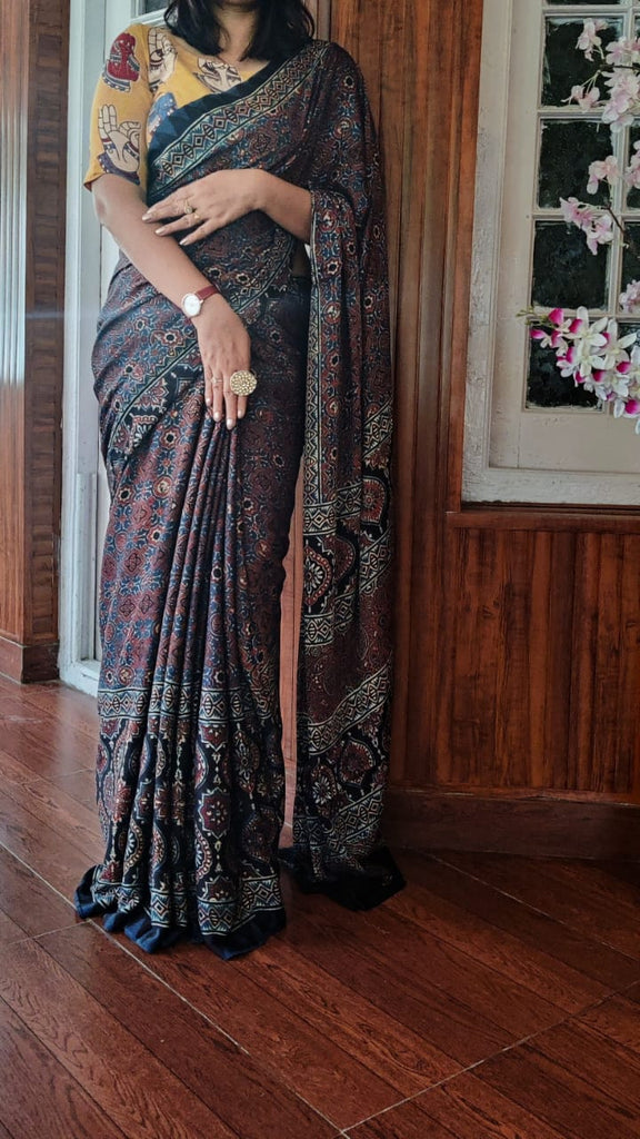Zynah Pure Modal Silk Ajrakh Saree with Handblock Prints; Custom Stitched/Ready-made Blouse, Fall, Petticoat; Shipping available USA, Worldwide