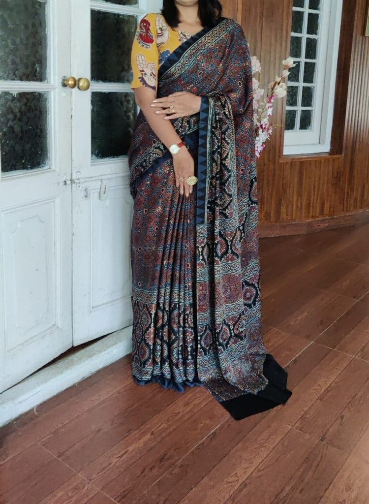 Zynah Pure Modal Silk Ajrakh Saree with Handblock Prints; Custom Stitched/Ready-made Blouse, Fall, Petticoat; Shipping available USA, Worldwide