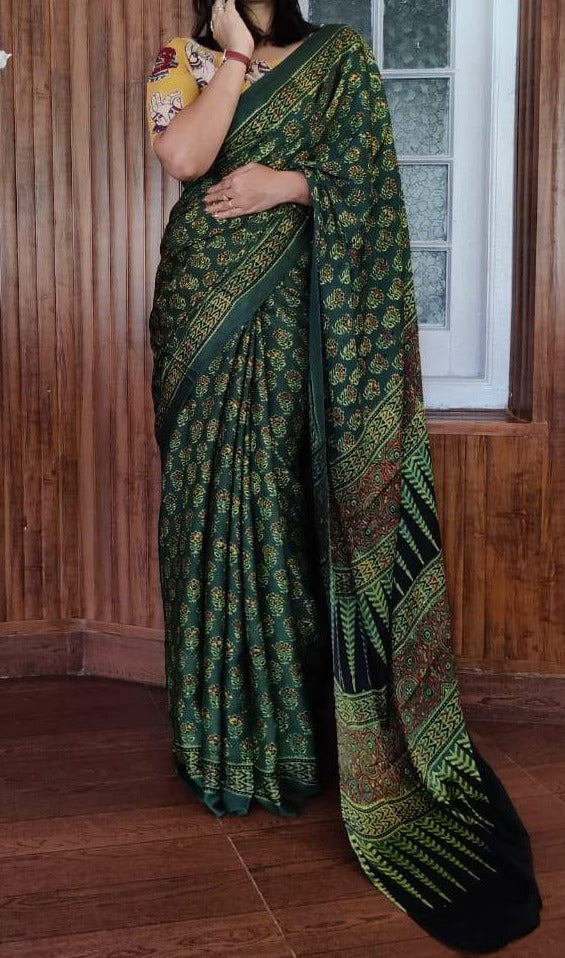Zynah Pure Modal Silk Ajrakh Saree with Handblock Prints; Custom Stitched/Ready-made Blouse, Fall, Petticoat; Shipping available USA, Worldwide