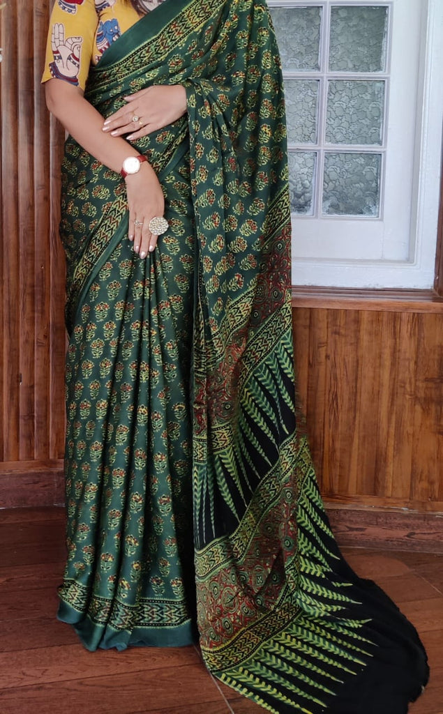Zynah Pure Modal Silk Ajrakh Saree with Handblock Prints; Custom Stitched/Ready-made Blouse, Fall, Petticoat; Shipping available USA, Worldwide